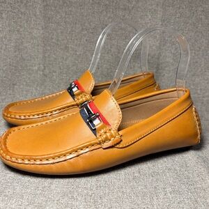 Bruno Marc Boys Size 5 Slip On Dress Loafers Tan Brown Red White Strap